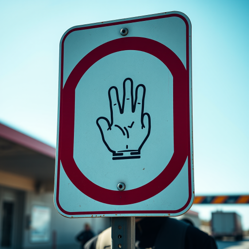 Create an image of a "No Entry" sign featuring a raised hand and a person wearing a helmet, captured with a Canon EOS 5D Mark IV, 24mm lens, f/8 aperture, 1/250 sec shutter speed, shot at eye level in bright daylight for enhanced clarity and detail.