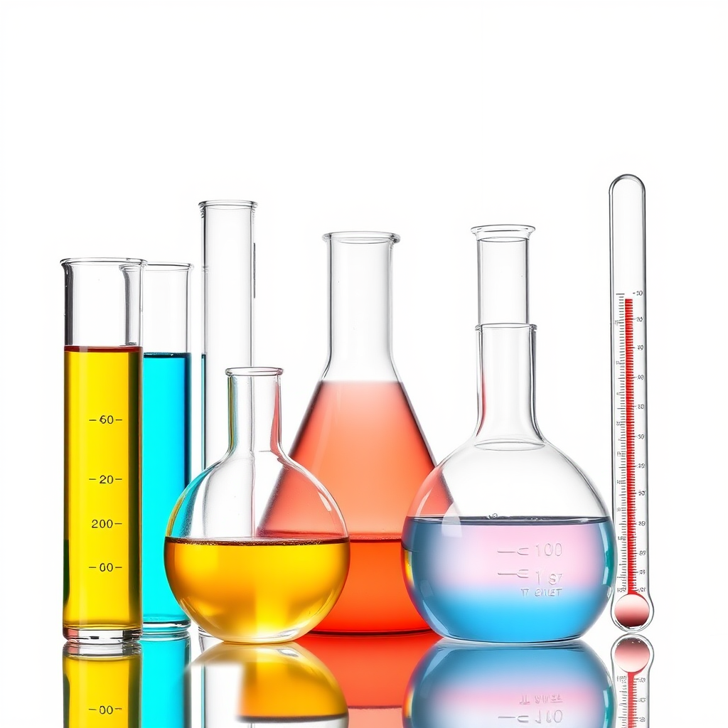 Generate a high-resolution illustration of laboratory glassware including test tubes, a beaker, a round-bottom flask, and a thermometer in a bright and colorful style, with a clean white background, using a DSLR camera with a 50mm lens, f/2.8 aperture, ISO 100, and a shallow depth of field to enhance the glass textures and reflections.