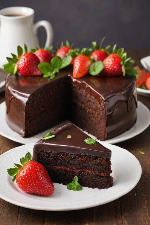 Create an image of a round chocolate cake topped with fresh strawberries and mint leaves. The cake should have a glossy chocolate ganache dripping down the sides and be placed on a white plate. Include a cup of coffee in the background and some strawberries scattered around the plate. The setting should have a cozy, inviting atmosphere.