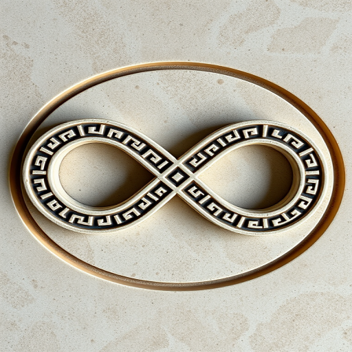 Create an image of an infinity symbol with intricate Greek key patterns, taken with a Canon EOS R5, 50mm lens, f/1.8 aperture, ISO 100, soft natural lighting, top-down view, high dynamic range.