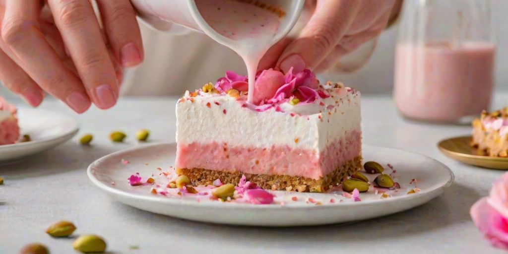 Create an image of a vibrant pink dessert square topped with fluffy white frosting and sprinkled with pistachios and rose petals. A hand is pouring a light pink syrup over the dessert, and the setting is bright and inviting with additional dessert pieces on small plates in the background.