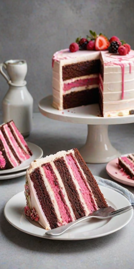 Create an image of a multi-layered cake with distinct sections. The cake should have rich chocolate layers, vibrant pink layers, and smooth white layers, all neatly sliced to show the colorful interior. Include a cake server resting on the side and a plate with additional cake pieces in the background. The setting should have a clean, modern aesthetic with a light-colored surface.