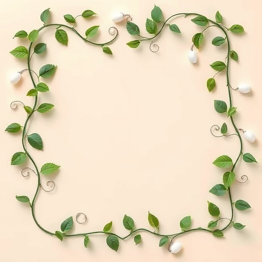 Create an elegant rectangular frame with swirling green vines and leaves on a soft beige background, using a Canon EOS R5 with a 50mm lens, aperture set to f/2.8 for a soft focus effect, capturing in a top-down view for symmetry.