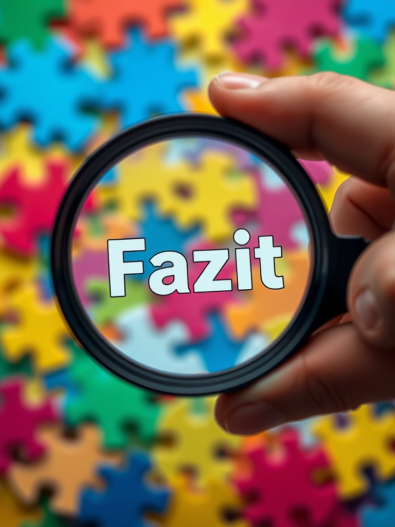 Create an image of a hand holding a magnifying glass focusing on the word "Fazit" amidst colorful puzzle pieces, using a DSLR camera with a 50mm lens, f/1.8 aperture, ISO 100, natural lighting, and a shallow depth of field for a sharp foreground and a blurred background.
