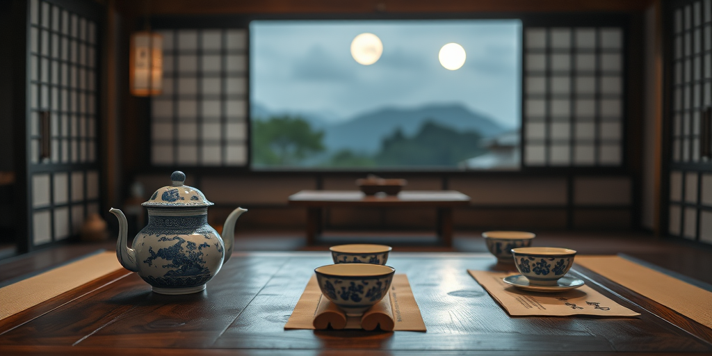 create an interior scene of a traditional tea room with a wooden table, ornate blue and white teapot and cups, decorative scrolls on the table, soft moonlight illuminating the landscape through shoji screens, shot with a Canon EOS R5, 50mm lens, f/2.8, ISO 100, daylight balanced, with a slight vignette for focus on the foreground and enhanced color saturation