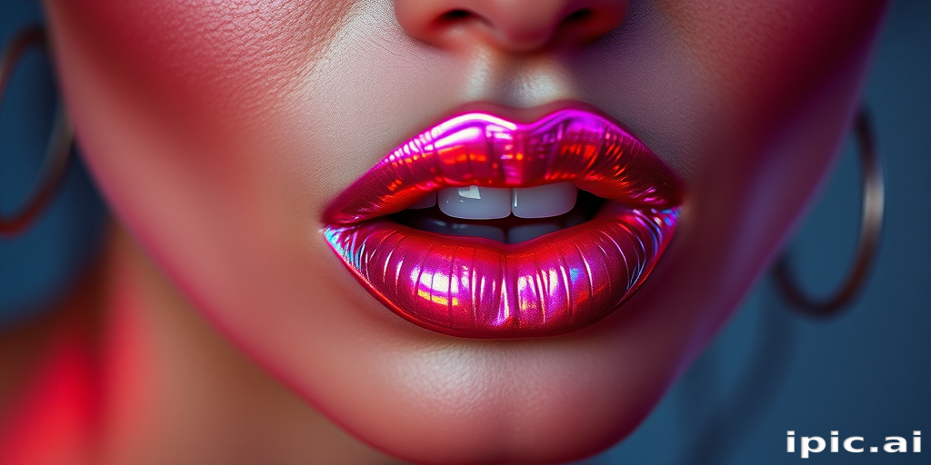 Daring woman lips adorned with holographic iridescent lipstick, shifting colors in the light, futuristic and avant-garde, pushing beauty boundaries