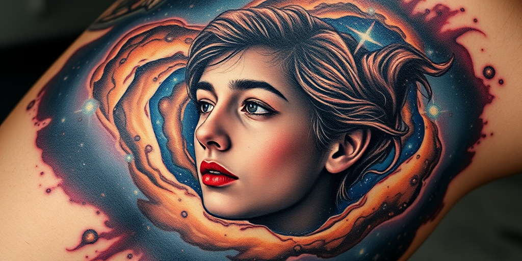 Photorealistic portrait tattoo featuring a loved one's face emerging from a swirling galaxy, incorporating elements of double exposure and surrealism for a breathtaking memorial piece