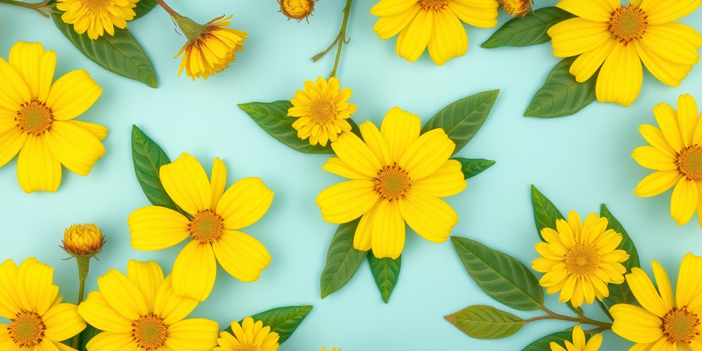 create a vibrant floral pattern with yellow flowers and green leaves on a light blue background, using a macro lens at f/8 for depth of field, shot from a flat lay perspective with a DSLR camera.