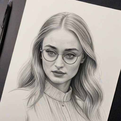 Fetching Sophie Turner, pencil sketch, portrait of Lovely woman 1971s in glasses, hair style beatnik, outline, clear lines, fine lines, 8k