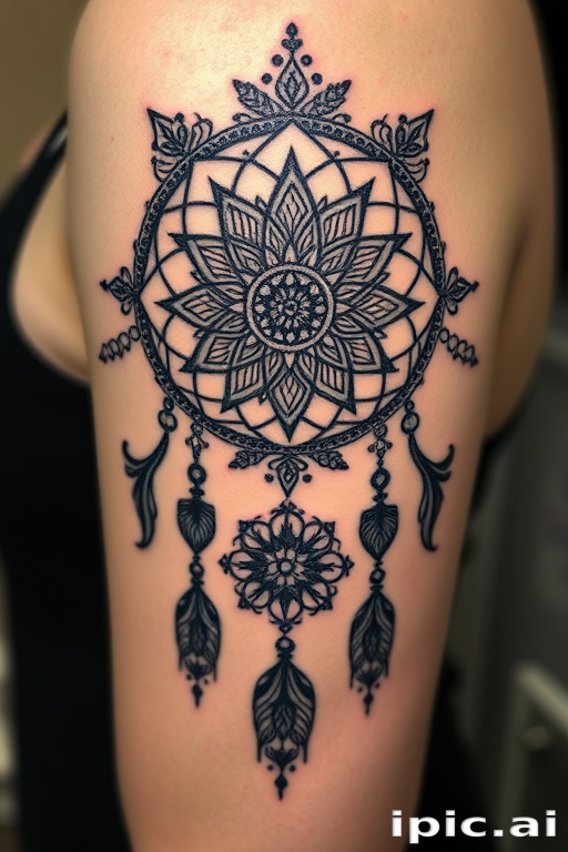 Ornamental blackwork tattoo showcasing intricate lace-like patterns and mandalas forming a dreamcatcher design, with meticulous dotwork shading, called "Ethereal Catcher"