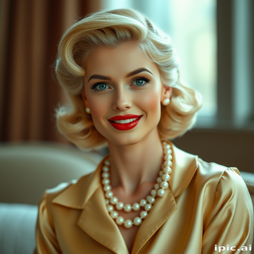 A beautiful woman reminiscent of 1950s Hollywood glamour, with perfectly styled blonde hair and a seductive smile, dressed in a satin blouse and adorned with pearls, soft and warm tones, photorealistic, 8K