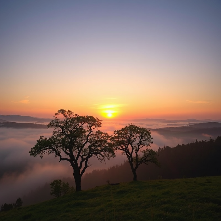 Generate a landscape image of a serene sunset over a misty valley with two silhouetted trees in the foreground, using a Canon EOS R5 camera, 24mm f/1.4 lens, f/11 aperture, ISO 100, 1/250 sec shutter speed, with a wide-angle view and soft pastel colors.