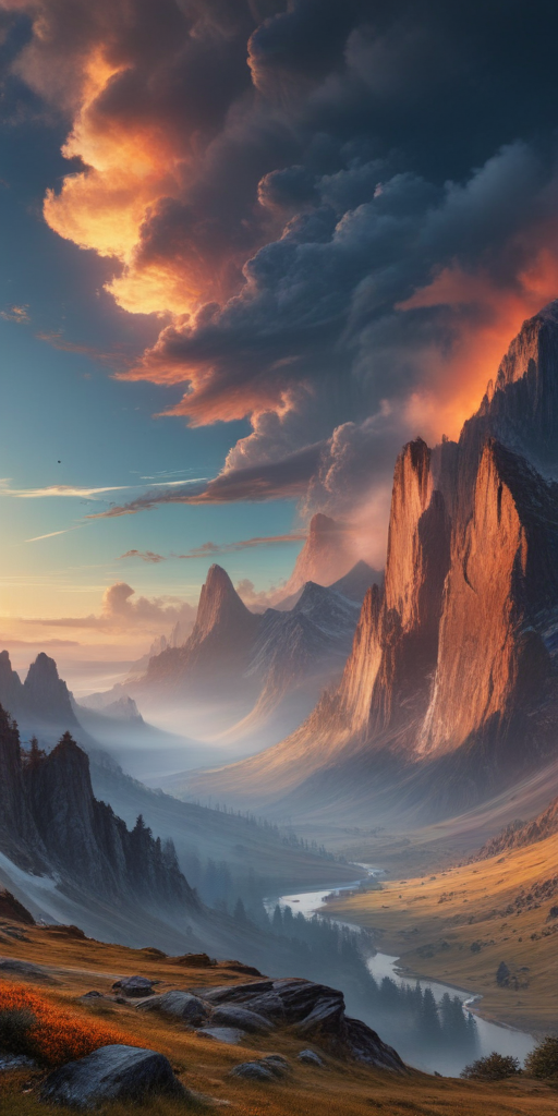 Majestic Mountain Landscape at Sunset with Dramatic Clouds and River