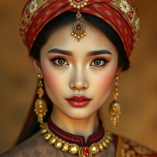 Create a portrait of a beautiful Thai woman with striking orange eyes and a gentle expression. She is adorned in traditional attire with intricate patterns, including a richly embroidered headscarf and matching garments. Her jewelry includes a delicate headpiece, dangling earrings, and ornate bracelets, all featuring vibrant gemstones and detailed metalwork. The background is soft and warm, enhancing the rich colors of her outfit and jewelry.