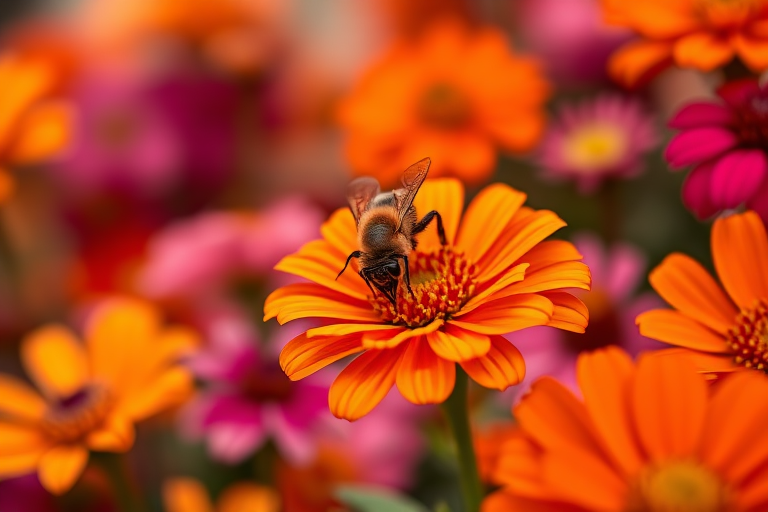 A macro shot of a bee on a bright orange flower surrounded by colorful blooms, with a shallow depth of field, f-stop 2.8, ISO 100, 50mm lens, natural light illumination, capture in vibrant colors, high detail, soft bokeh background.