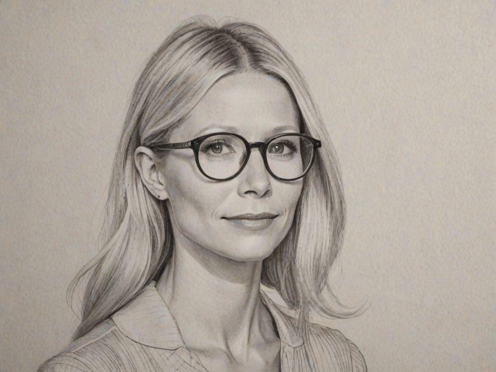 Graceful Gwyneth Paltrow, pencil sketch, portrait of Beauteous woman 1926s in glasses, hair style beatnik, outline, clear lines, fine lines, 8k