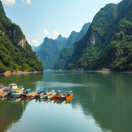 Capture a serene landscape of boats docked by a river surrounded by lush green mountains, using a Canon EOS 5D Mark IV with a 24-70mm f/2.8 lens, aperture set to f/8, ISO 100, shutter speed 1/250s, daylight white balance, and a slightly elevated angle for depth.