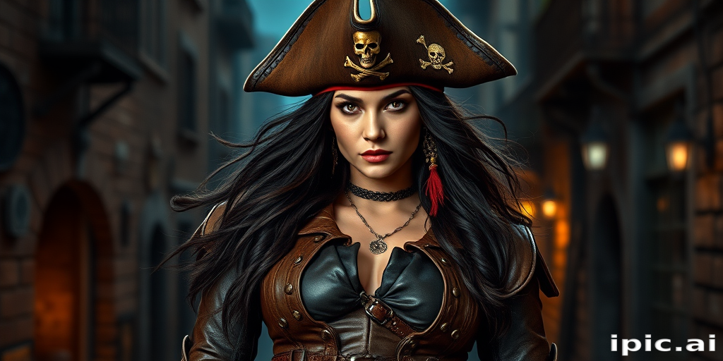 Create a portrait of a fierce female pirate. She wears a leather tricorn hat adorned with a skull and crossbones emblem, and her long, dark hair flows around her face. Her outfit consists of a richly detailed leather jacket, a corset, and multiple layers of belts and accessories, giving her a formidable and stylish appearance. She stands confidently in a dimly lit, historic port town, with a backdrop of weathered buildings and cobblestone streets, capturing the adventurous spirit of a pirate.
