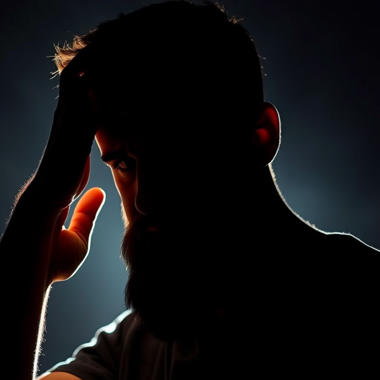 Generate an image of a silhouette of a man holding his head with a distressed expression, dramatic lighting, 50mm lens, f/1.8 aperture, ISO 200, shallow depth of field, portrait view, high contrast, digital painting style, high resolution.