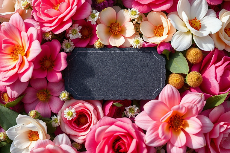Create a high-resolution floral background with a vintage black label in the center, using a macro lens, a f-stop of f/4 for shallow depth of field, and a 50mm lens to enhance detail and color vibrancy, capturing the image in natural light for soft shadows and rich colors.