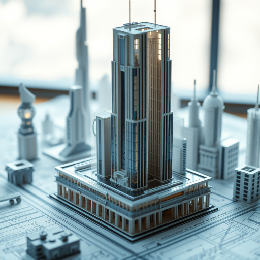 highly detailed architectural model of a futuristic cityscape on blueprints, soft natural lighting, DSLR camera, 50mm lens, aperture f/1.8, ISO 200, shallow depth of field, macro view