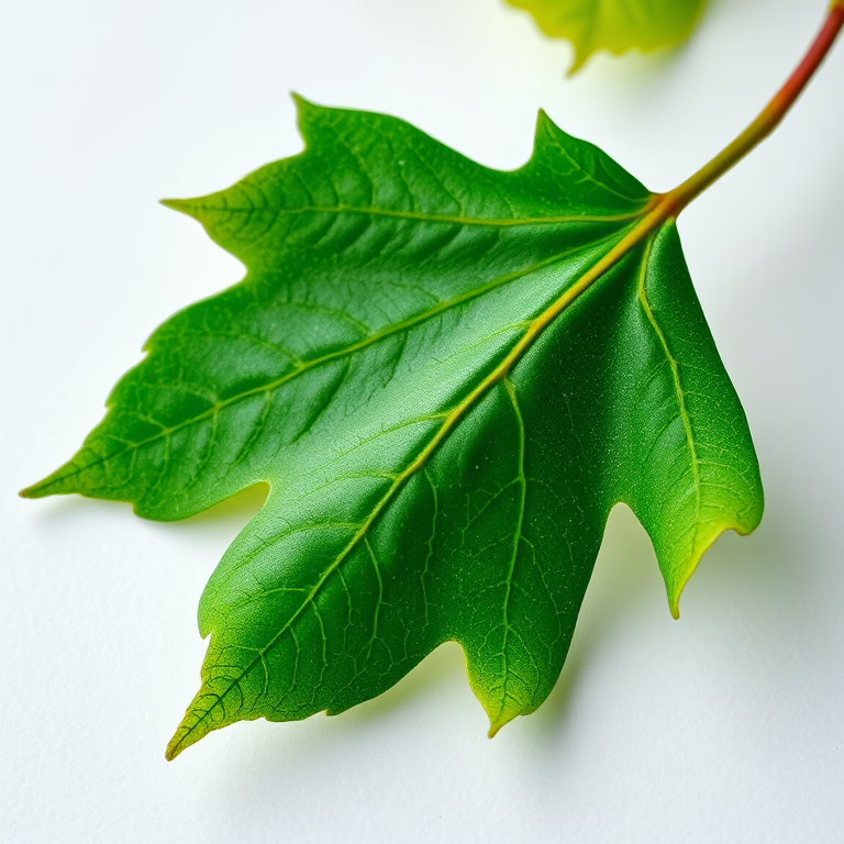 Generate a high-resolution image of a green maple leaf on a plain background using a DSLR camera with a 50mm lens, aperture set to f/2.8, ISO 100, shot in macro style, focusing on fine details and textures of the leaf.