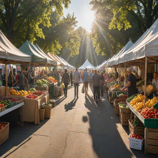 Crisp, early morning photo of a farmer's market, stalls lined with colorful fruits and vegetables, sunlight streaming through gaps in the tents, customers browsing and chatting, soft hum of conversation and the smell of fresh produce in the air.
