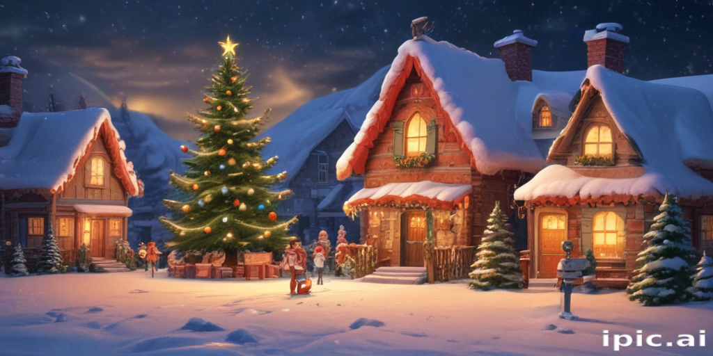 Charming Winter Village Scene with Festive Christmas Tree and Snowy ...