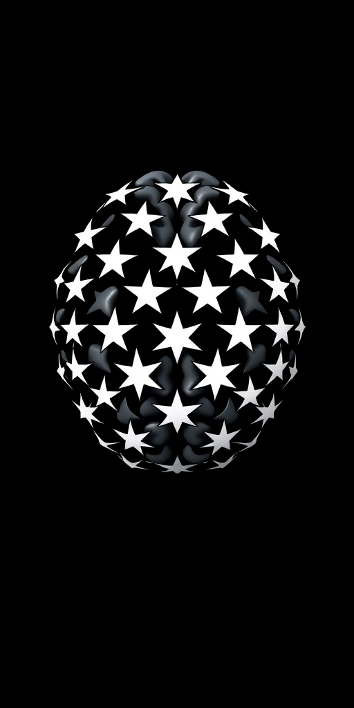 Create an abstract representation of a brain using white geometric star shapes on a solid black background, shot with a DSLR camera at f/8 aperture, 50mm lens, and ISO 100 for clarity, with a top-down view for symmetry and depth.