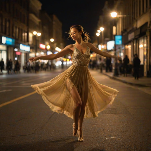 Blurry action shot of a dancer spinning in a flowing dress on a city street at night, soft golden light from nearby streetlamps casting long shadows, with distant pedestrians watching from the sidewalk.