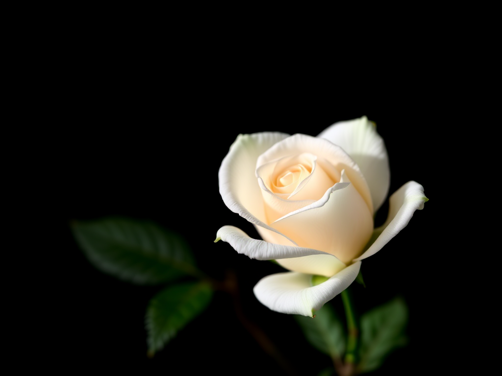 Create a high-resolution image of a single white rose on a black background, shot with a Canon EOS 5D Mark IV using a 50mm f/1.8 lens at f/2.8, ISO 100, in natural light for optimal detail and color contrast.