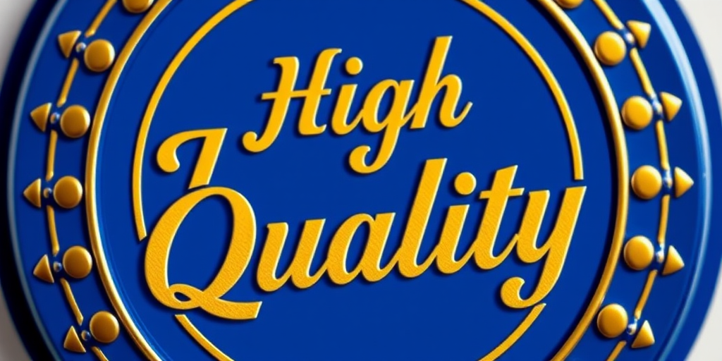 Create a vibrant, circular badge with the text "High Quality" in elegant font, featuring a blue and gold color scheme, shot with a DSLR camera at f/2.8 aperture, ISO 100, 50mm lens, in natural lighting for enhanced sharpness and detail.