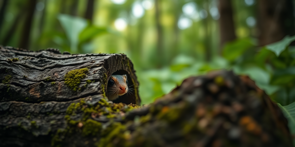 Capture a close-up shot of a small creature peeking through a textured hollow log in a lush green forest, using a DSLR camera with a 50mm lens, aperture set to f/2.8 for a shallow depth of field, ISO 200, and a shutter speed of 1/200 seconds, in natural light with a macro photography style to enhance the details and textures.