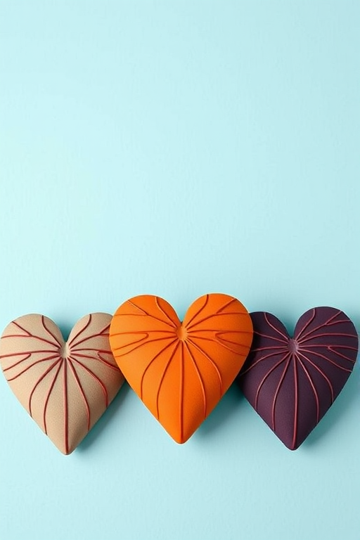Create an image featuring three stylized hearts arranged vertically, each in a different color (light brown, orange, and dark purple) with intricate line patterns, set against a soft blue background, using a DSLR camera at f/2.8, ISO 100, with a 50mm lens in natural light for a clean, high-quality finish.