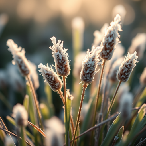 Close-up shot of frost-covered grass heads in soft natural light, shallow depth of field, aperture f/2.8, focal length 100mm, ISO 200, 1/250s shutter speed, DSLR camera, macro photography style.
