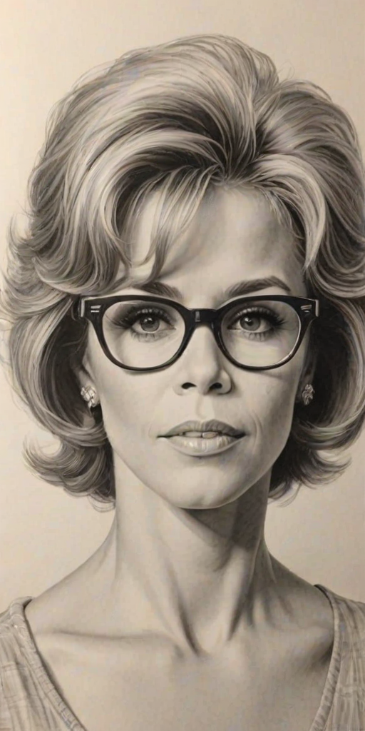 Gorgeous Jane Fonda, pencil sketch, portrait of Sublime woman 1958s in glasses, hair style beatnik, outline, clear lines, fine lines, 8k
