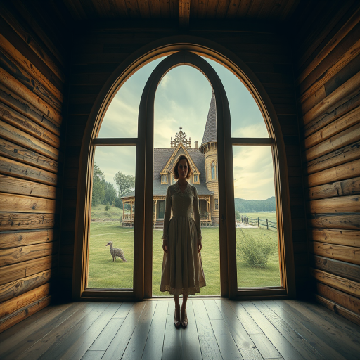 Create a surreal image of a woman in vintage attire standing in a wooden room with a large arched door leading to a fantastical landscape featuring a whimsical house, soft dramatic lighting, Fujifilm X-T4, 35mm lens, f/1.8 aperture, ISO 200, capture from eye level for enhanced depth and texture.