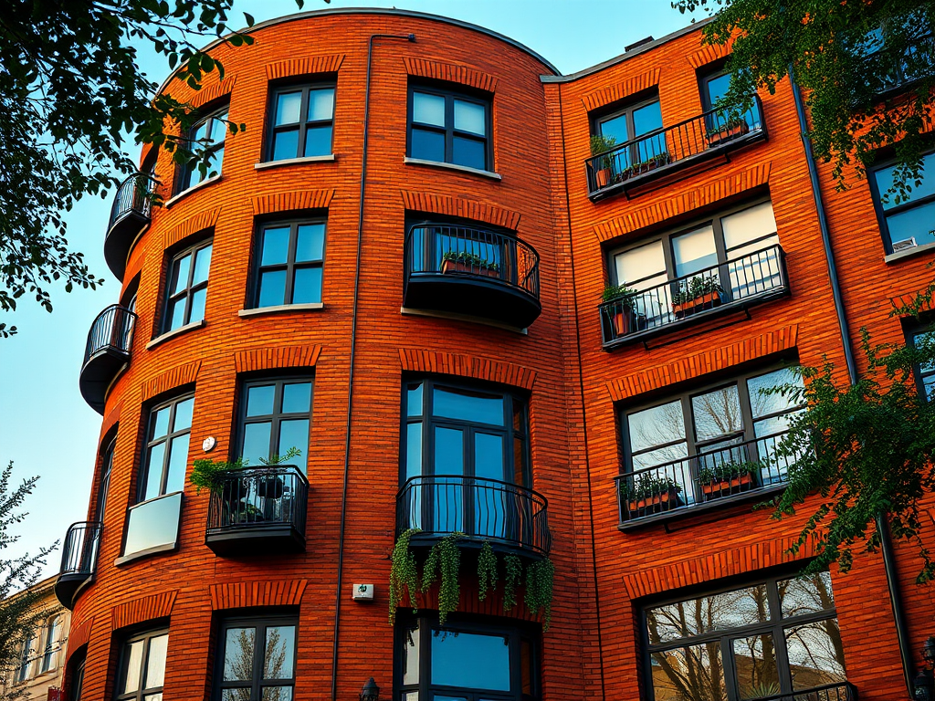 Generate a high-resolution image of an orange brick building with a spiral design, featuring large windows and balconies adorned with plants, using a DSLR camera with a 50mm lens, f/1.8 aperture, ISO 100, shot at golden hour for soft lighting, while maintaining a low angle view to emphasize the building's curves.