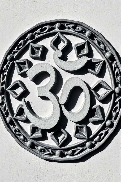 Create a high-resolution image of the Om symbol with intricate detailing, shot with a Canon EOS R5, 50mm lens, aperture f/2.8, ISO 100, in soft natural light from the side, ensuring a clean black and white contrast.