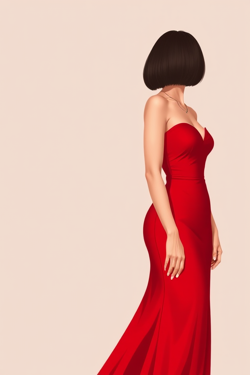 Create a high-resolution digital illustration of a woman in a sleek red gown with a stylish bob haircut, standing elegantly against a neutral background, using a Canon EOS R5 with a 50mm lens at f/1.8, 1/125s shutter speed, and ISO 100 for enhanced clarity and vibrant colors.