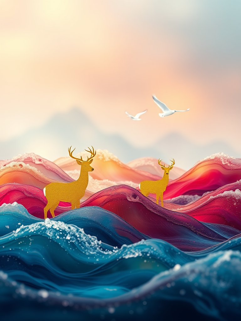 high-quality image of abstract colorful waves with golden deer silhouettes in a serene landscape, with white birds flying in the background, captured with a Canon EOS R5, 50mm lens, f/1.8 aperture, ISO 100, using a soft focus effect and dramatic lighting to enhance depth and vibrancy.
