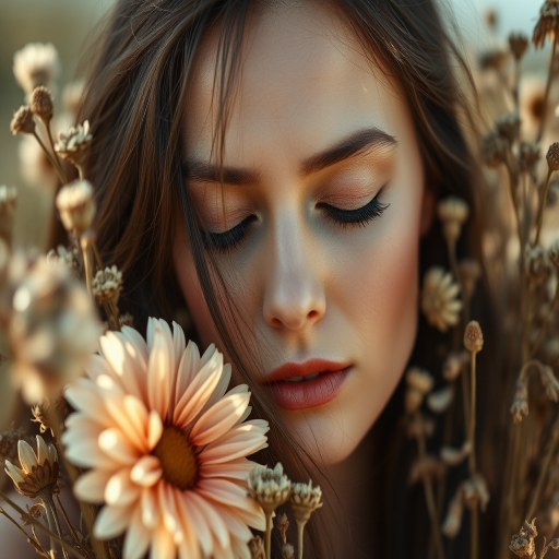 portrait of a woman with closed eyes and soft features surrounded by dried flowers, natural light, f/1.8 aperture, 50mm lens, ISO 100, soft focus, taken with a DSLR camera, shallow depth of field.