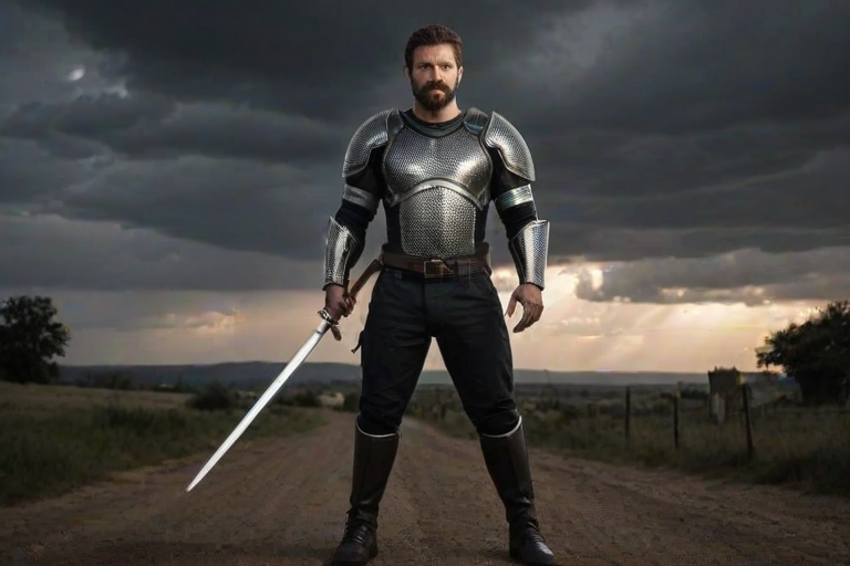 masterpiece, newest, realistic 1 man, manly, facial hair, tensile look, muscular male, village, dark skies, holding weapon, body armour, armour bodysuit, full body, chainmail armour, holy light, vanishing point, wide angle