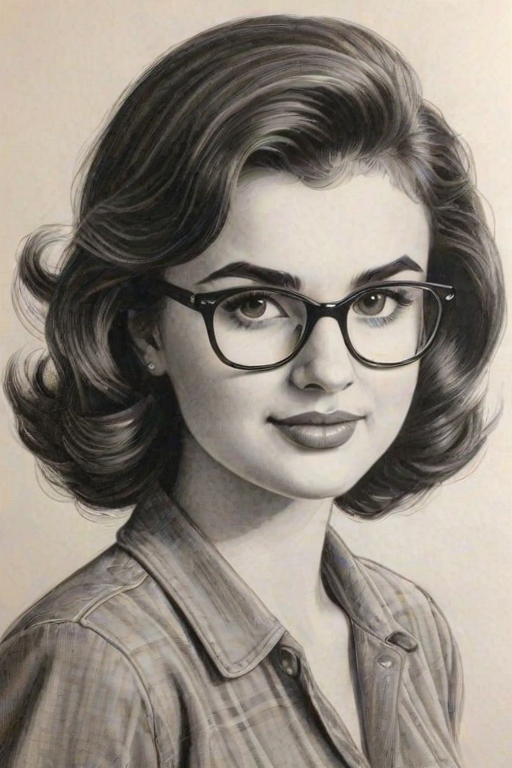 Alluring Rebecca Black, pencil sketch, portrait of Delightful woman 1944s in glasses, hair style beatnik, outline, clear lines, fine lines, 8k