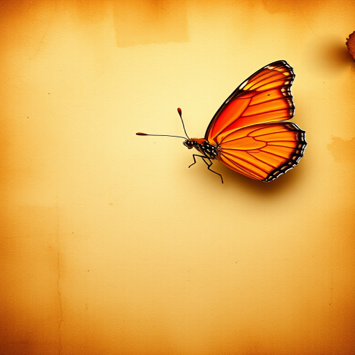 Create an image of a vibrant orange butterfly positioned to the left of an aged parchment background with a soft, warm glow, captured using a DSLR camera at f/8 aperture, focal length of 50mm, ISO 100, and a shallow depth of field to enhance focus on the butterfly.