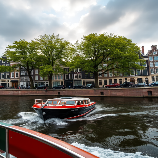 Capture a high-resolution image of a boat cruising along a canal in Amsterdam, showcasing the lush trees and historic buildings along the water's edge, with soft natural lighting and a dynamic sky, using a DSLR camera set to an aperture of f/8, ISO 100, shutter speed of 1/250s, shot from a slightly elevated angle to emphasize depth and perspective.