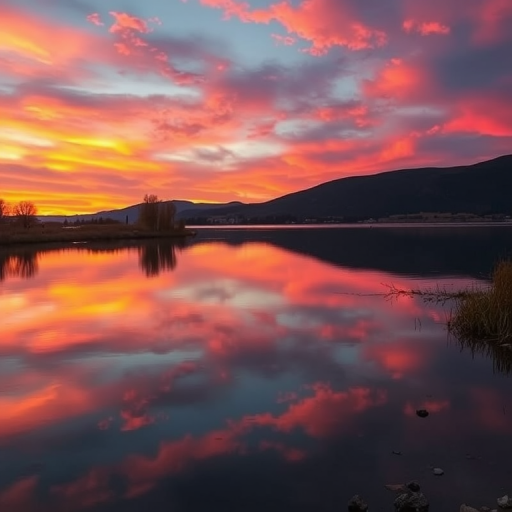 Create an image of a scenic landscape at sunset, with vibrant colors in the sky reflected on a calm lake, shot with a Canon EOS 5D Mark IV using a 24-70mm lens, aperture f/8, ISO 100, 1/125 sec, in landscape orientation for enhanced detail and clarity.