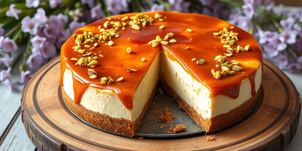 A delicious cheesecake with a glossy caramel topping sprinkled with chopped pistachios on a rustic wooden plate with a slice removed revealing its creamy layers and a crumbly base, surrounded by soft purple flowers in the background.