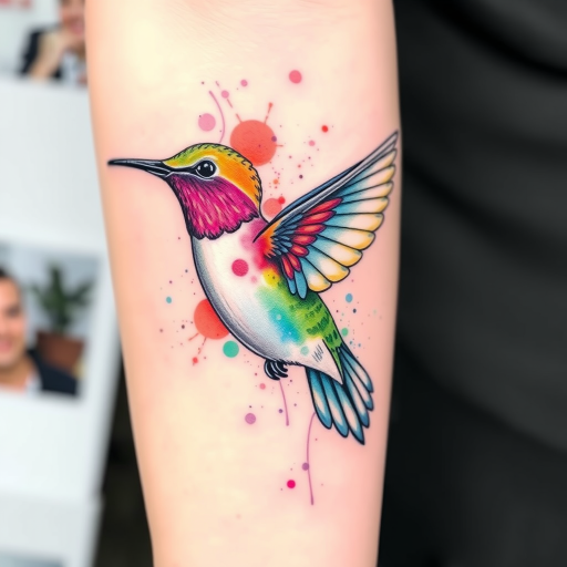 Watercolor splash tattoo depicting a vibrant hummingbird in flight, with loose, colorful splatters and delicate line details, titled "Iridescent Flutter"