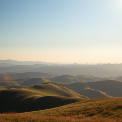 Create a high-resolution image of a serene landscape with rolling hills under a clear blue sky during golden hour, using a Canon EOS R5, 24mm lens, aperture f/8, ISO 100, shutter speed 1/200s, in landscape orientation.